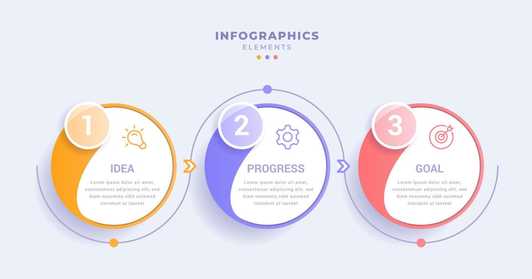 Three steps circular diagram infographic template. glassmorphism style. creative concept design vector