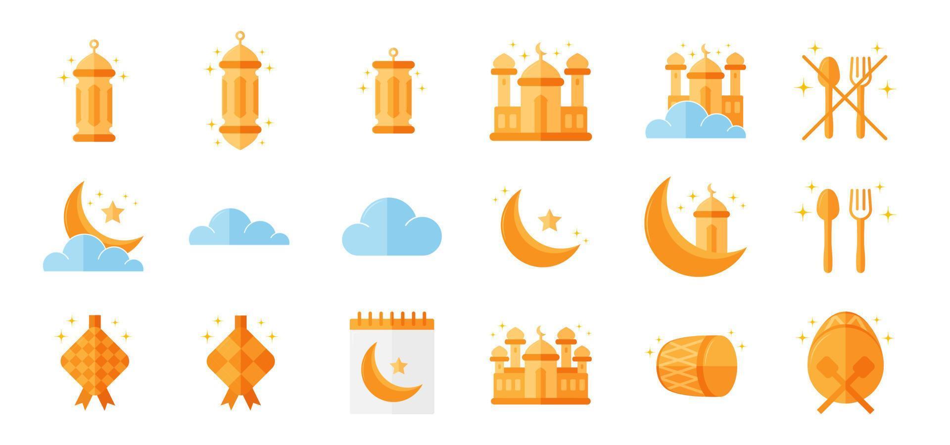 Ramadan Icon Set Collection with flat style. Ramadan icon with orange theme. Vector editable.