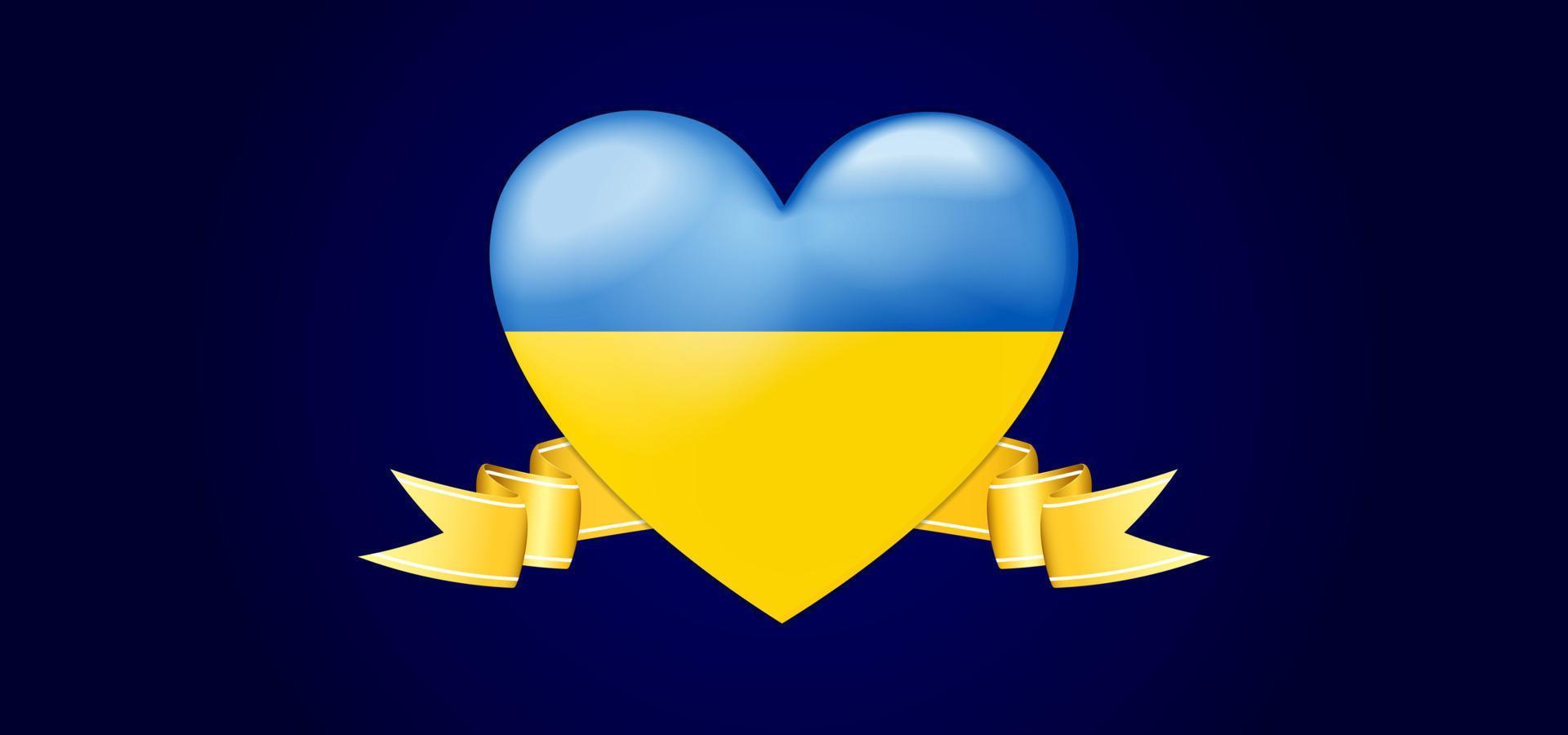 Vector background with Ukraine theme. Heart symbol with blue and yellow and gold ribbon. Vector editable