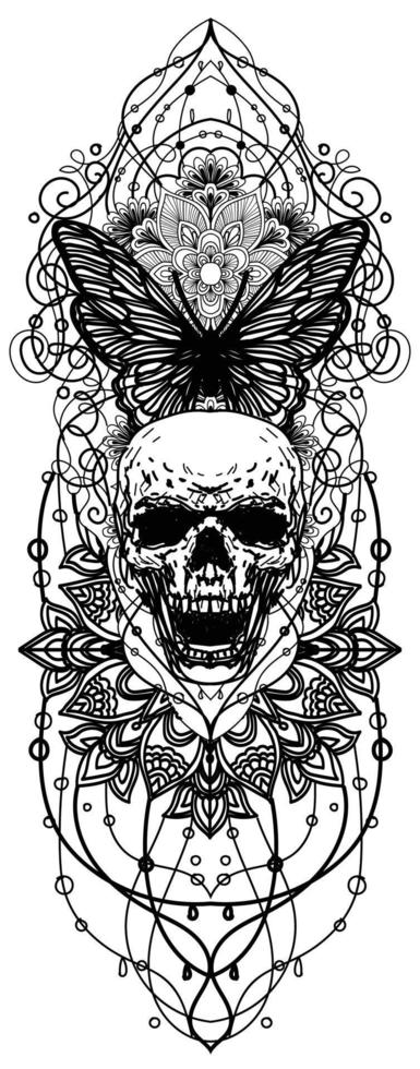 arte del tatuaje cráneo y mariposa bosquejo en blanco y negro vector