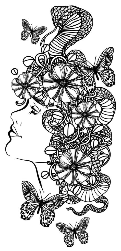 tatuaje arte mujer flor y serpiente dibujo a mano y boceto vector