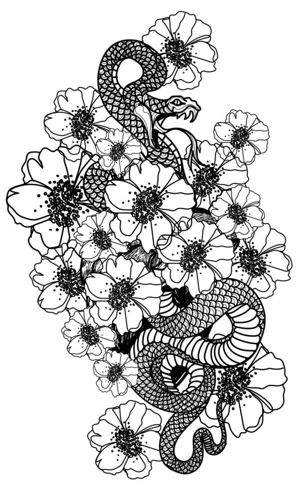 Tattoo art snake and flower hand drawing and sketch vector