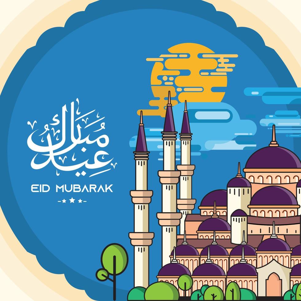 saludo eid mubarak con ilustración de mezquita de estilo plano vector