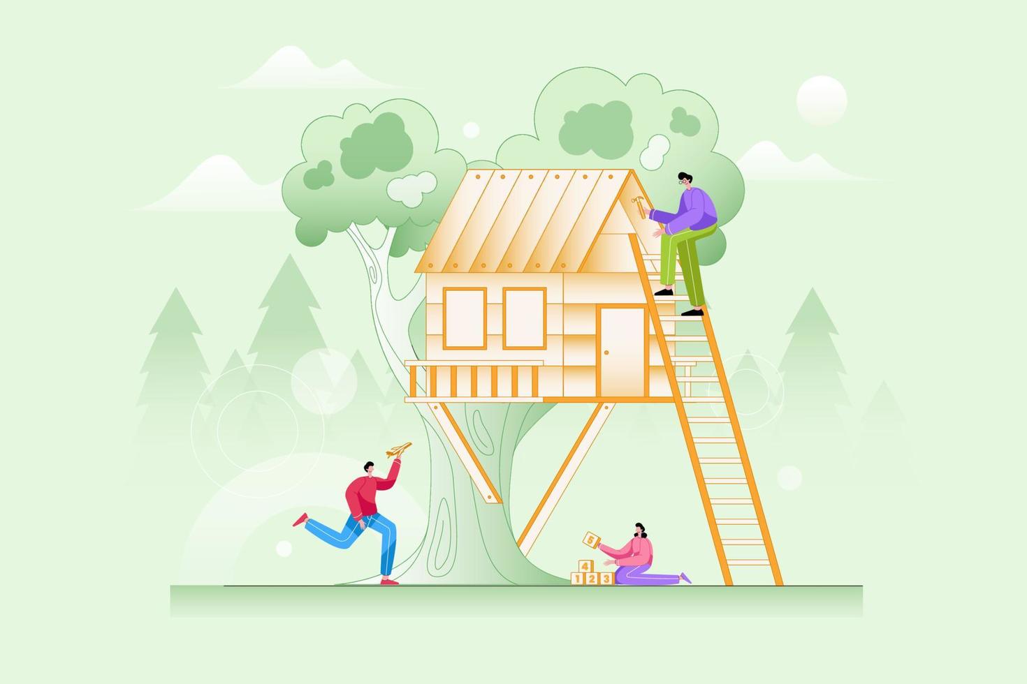 Building a Tree House - Vector Illustration