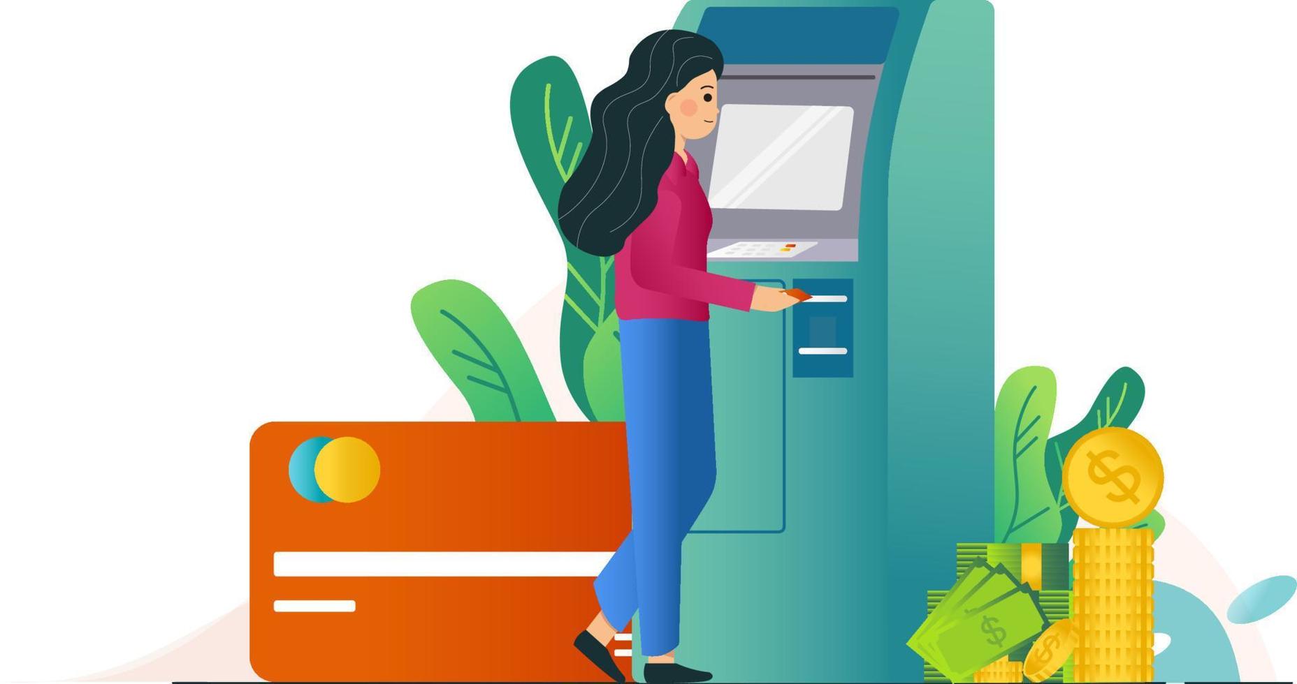Young woman using ATM - Vector Illustration