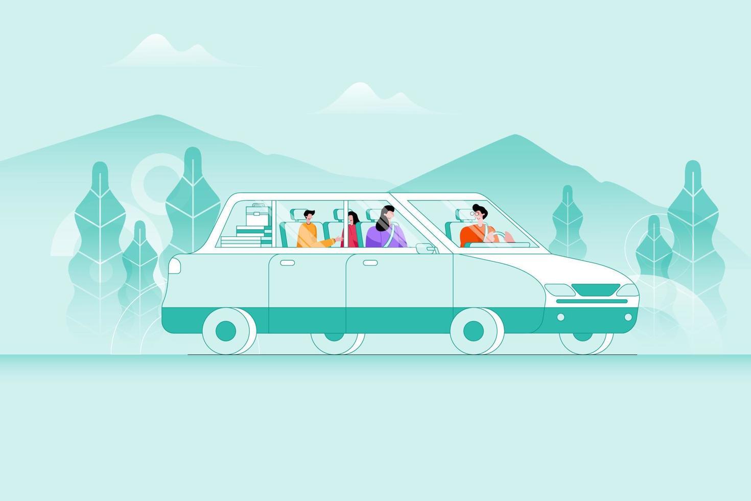 familia feliz viajando en coche ilustración vectorial plana vector