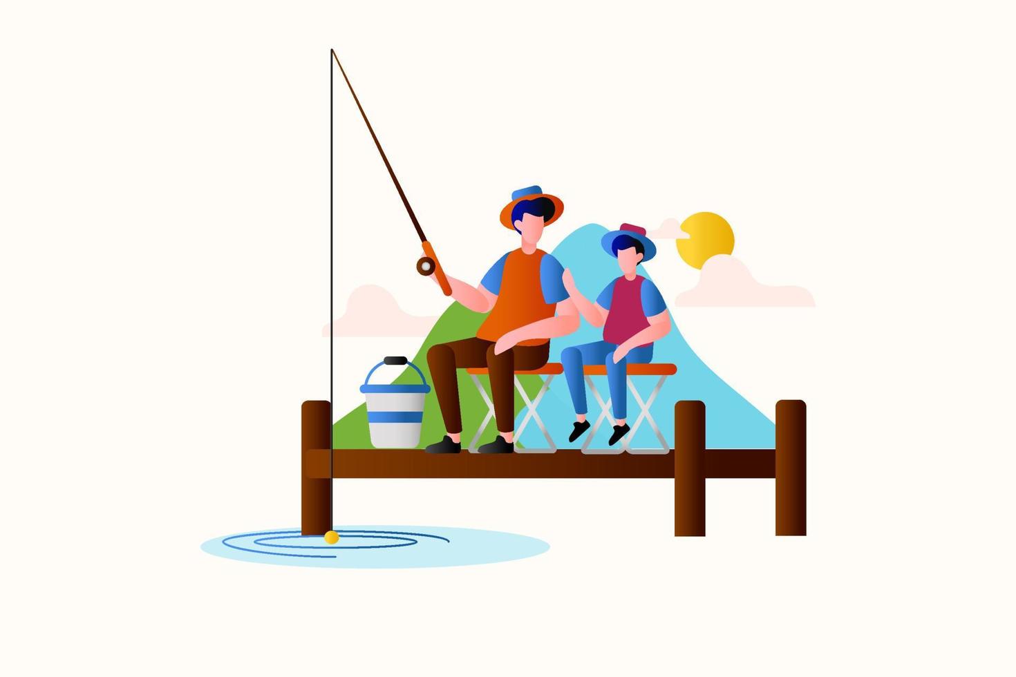 Father and Son Enjoying Fishing Together vector