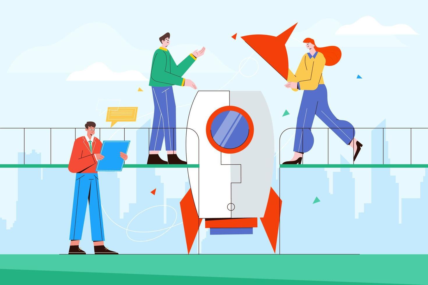 Team building a rocket  - Vector Illustration