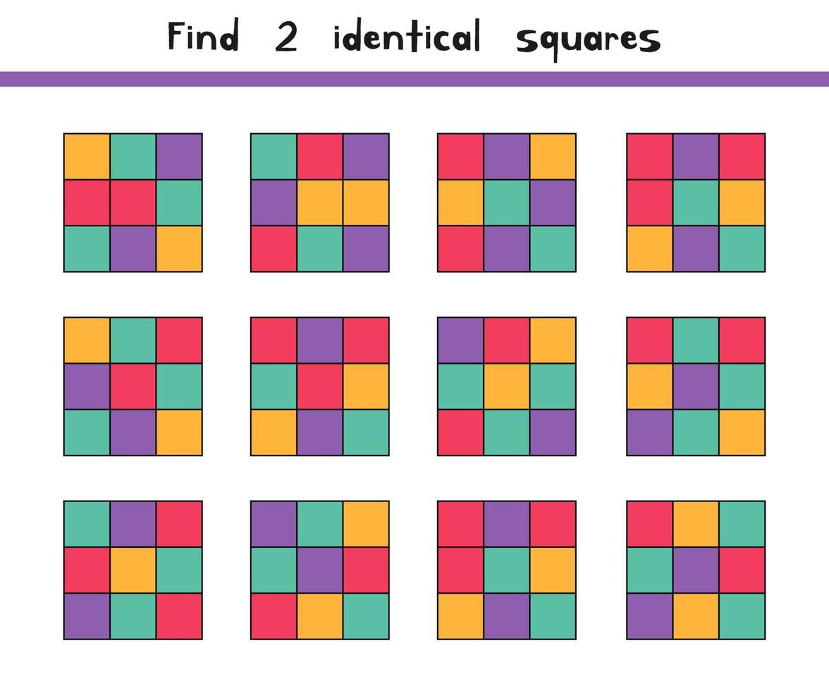 Find two identical squares. Worksheet for kids kindergarten, preschool and school age. vector