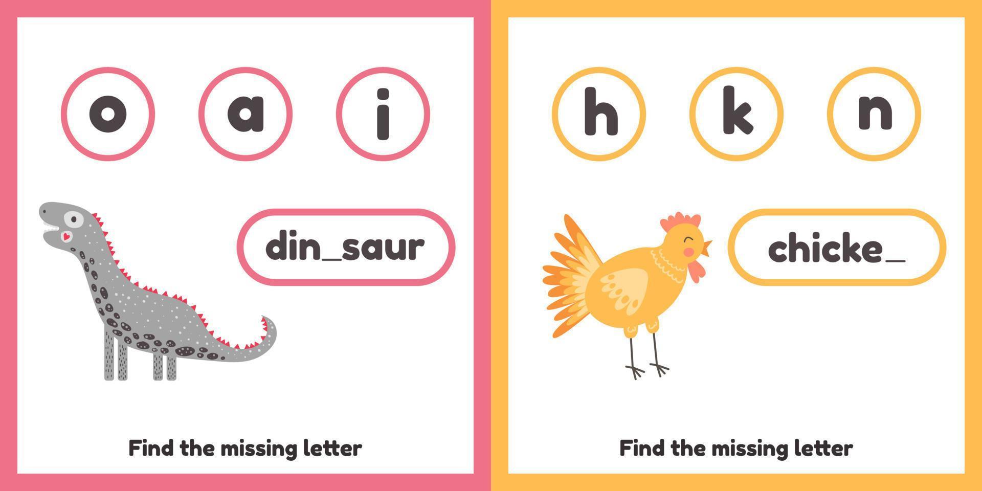 Find the missing letter. Worksheets for kids kindergarten, preschool and school age. Cute sheep and chicken. vector