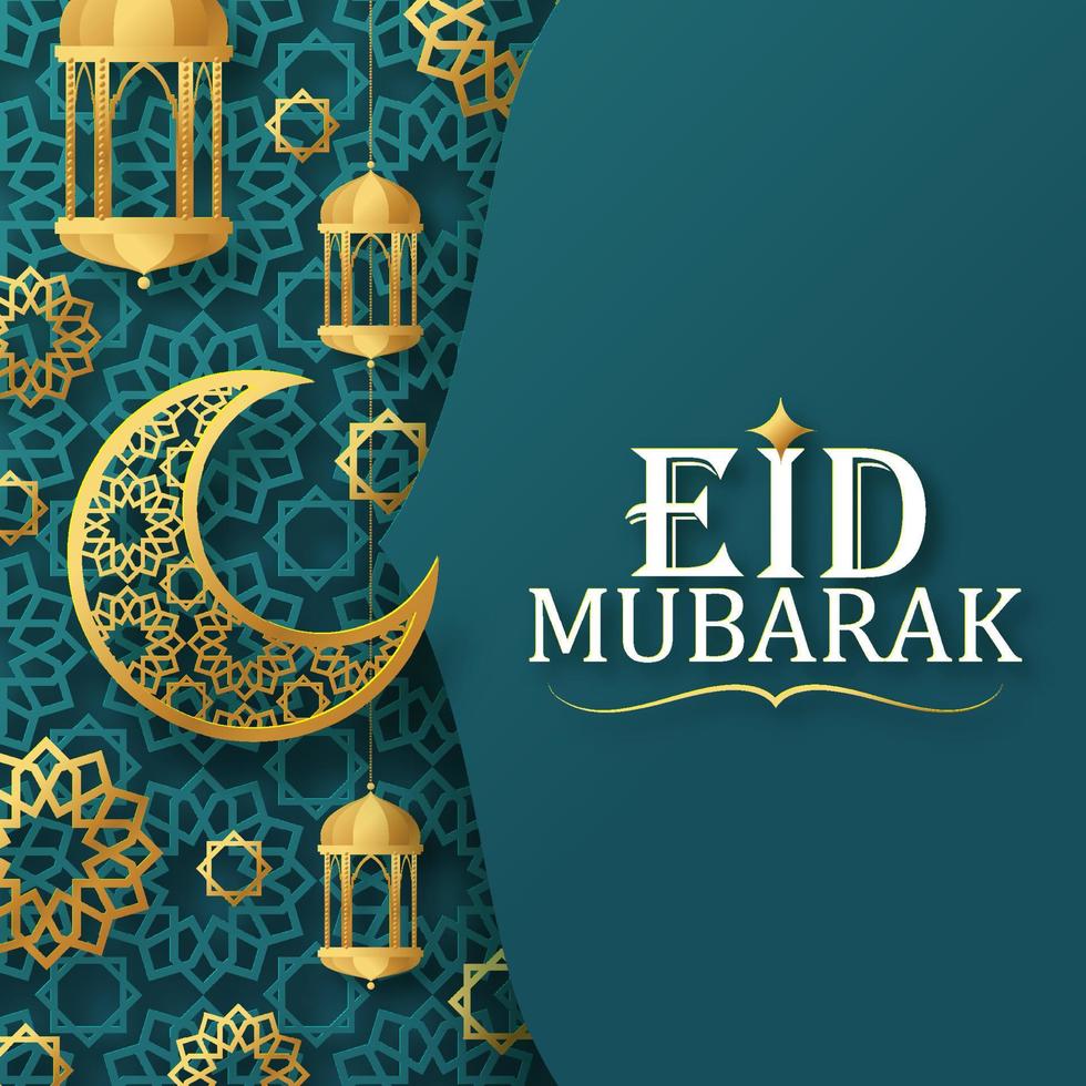 Eid Mubarak with Crescent Moon and Mosque. vector