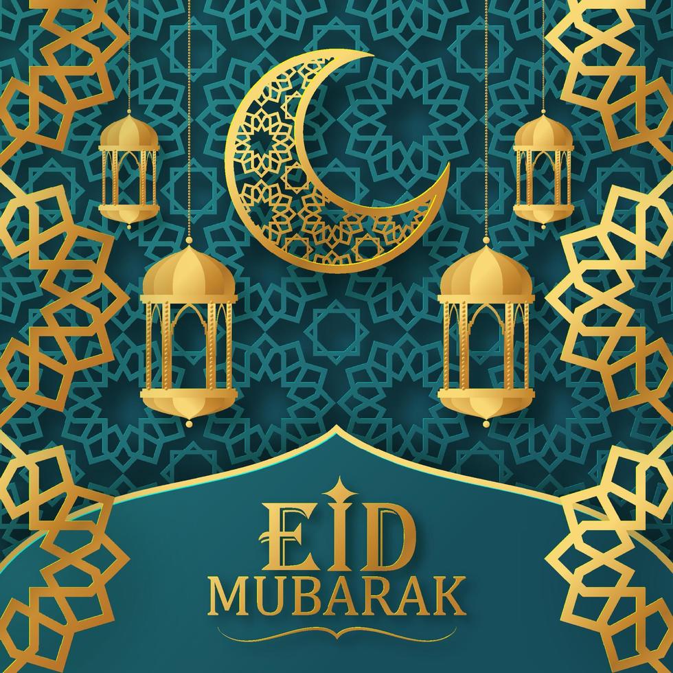 eid mubarak con luna creciente y mezquita. vector