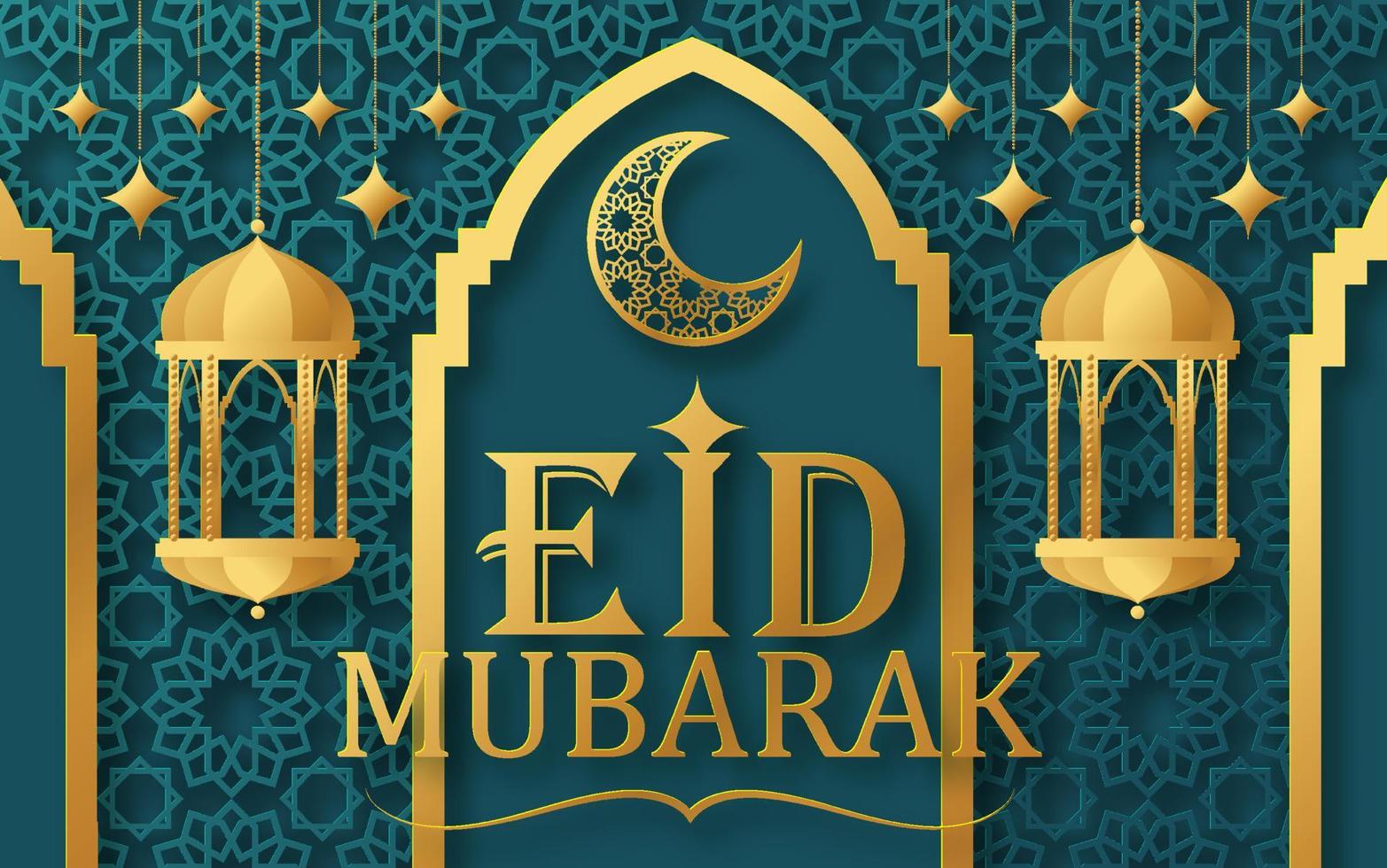 eid mubarak con luna creciente y mezquita. vector