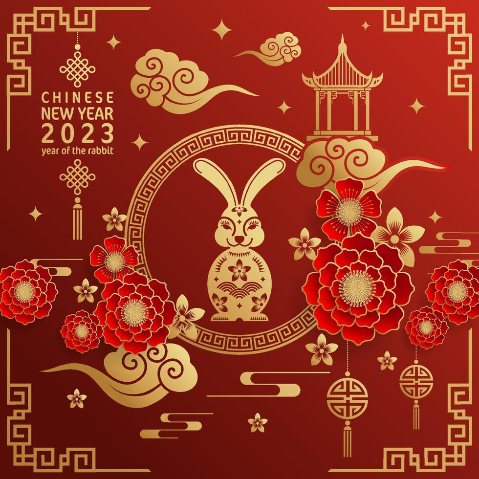 Happy chinese new year 2023 yeare of the rabbit zodiac with on color Background. vector