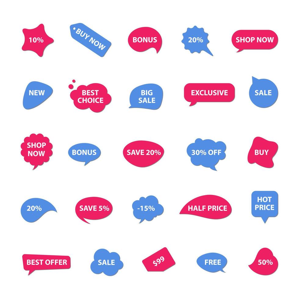 Vector stickers, price tag, banner, label. Coupon sale, offers and promotions vector   template. Shop price tag, retail, commerce, business. Set of speech bubbles