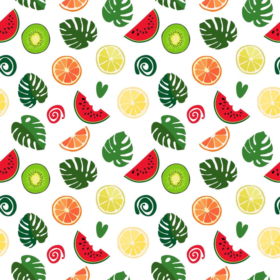 Seamless texture of green monstera leaves, watermelon slices and tropical fruits.  Foliage pattern, natural abstract background. Bright floral summer texture from citrus vector