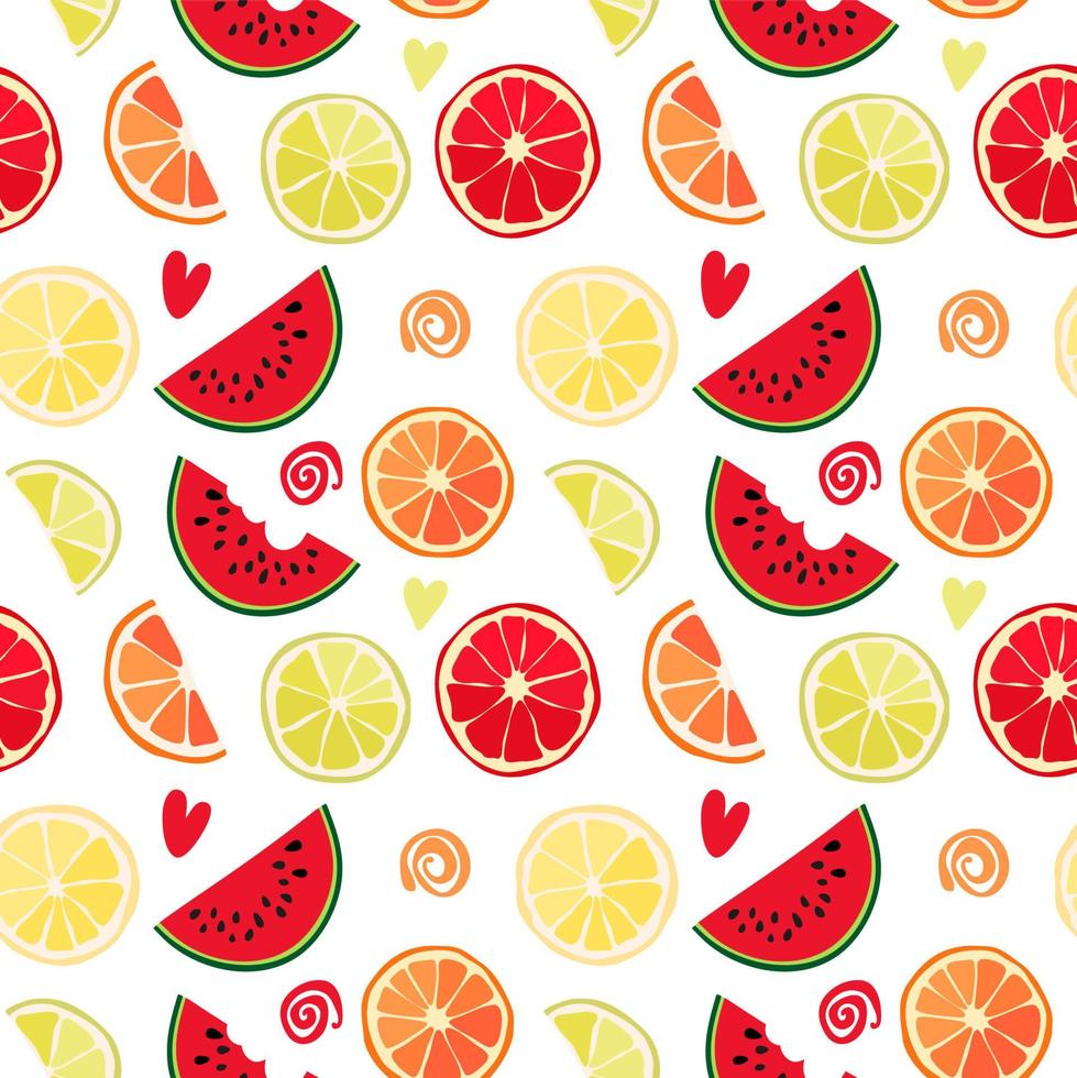 Seamless texture of watermelon slices and tropical fruits. Vector pattern, natural abstract background. Bright summer texture from citrus