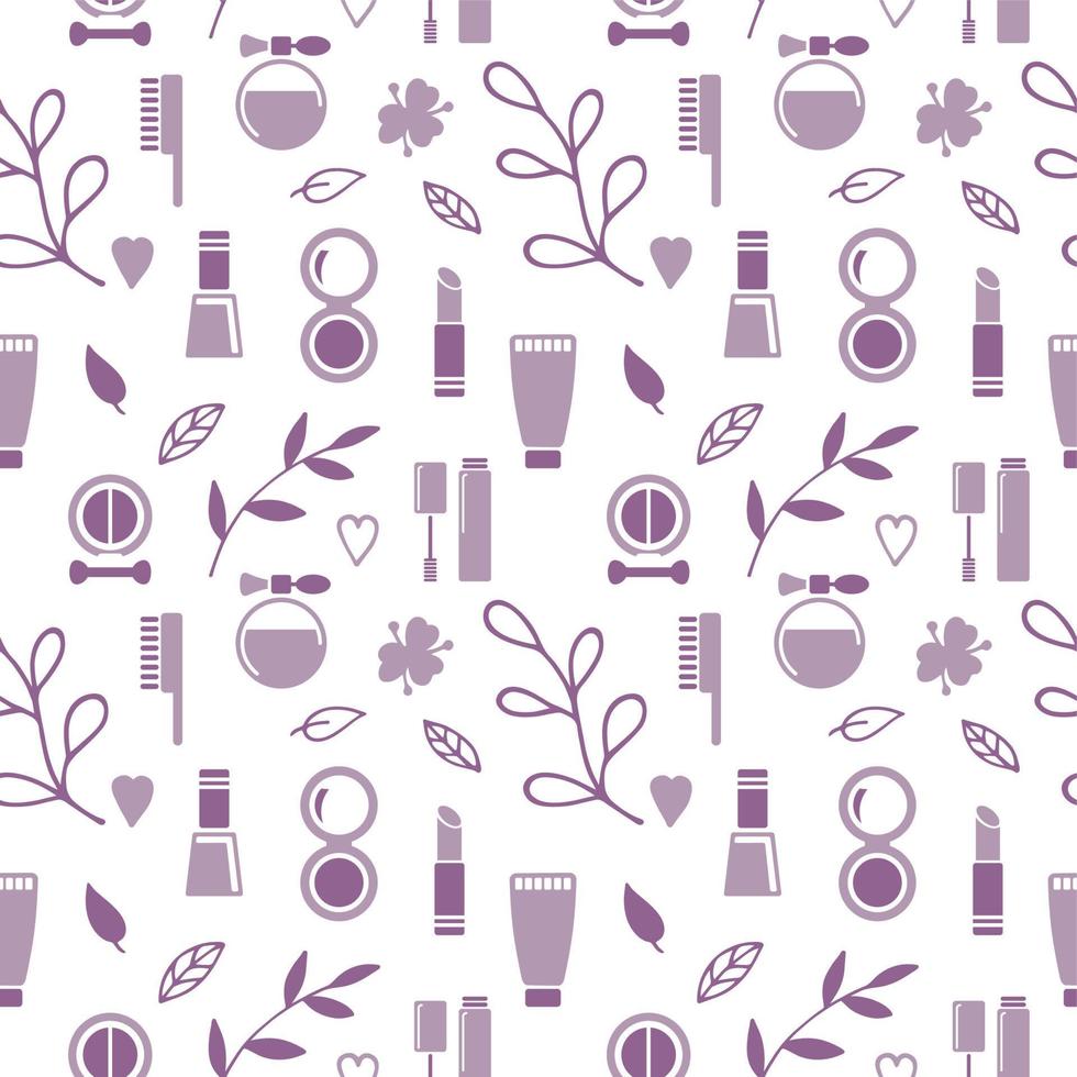 Seamless texture from cosmetics icons and floral elements, pattern, abstract background, wallpaper vector