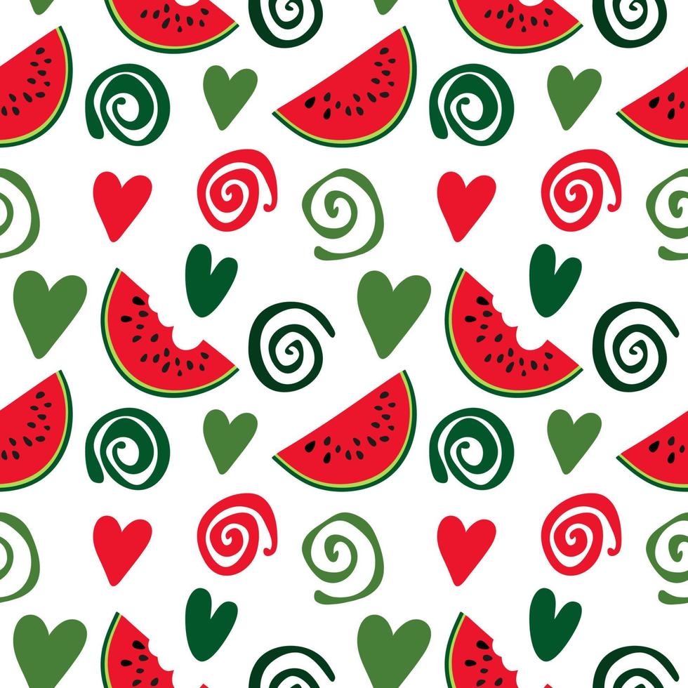 Geometric seamless pattern of hearts, spirals and watermelon slices, abstract background of simple shapes, bright summer texture vector