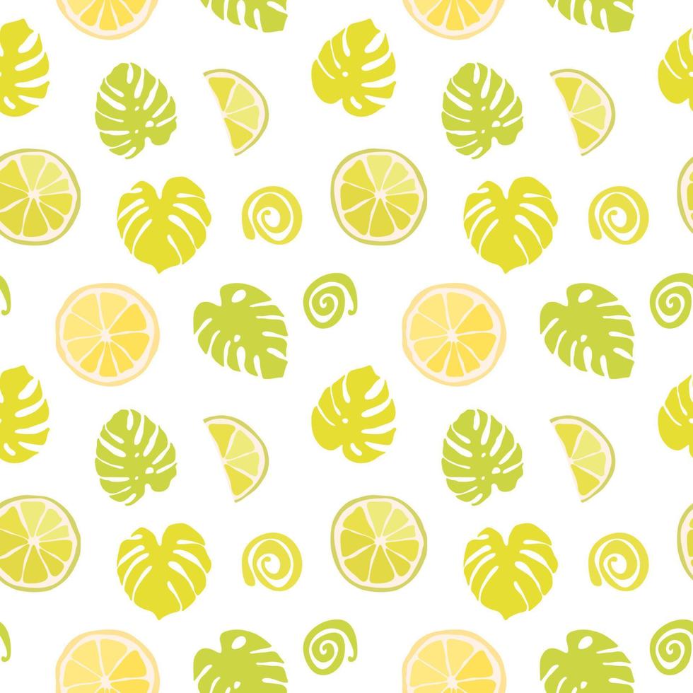 Seamless texture of green monstera leaves and tropical fruits. Foliage pattern, natural bstract background. Bright floral summer texture from citrus vector