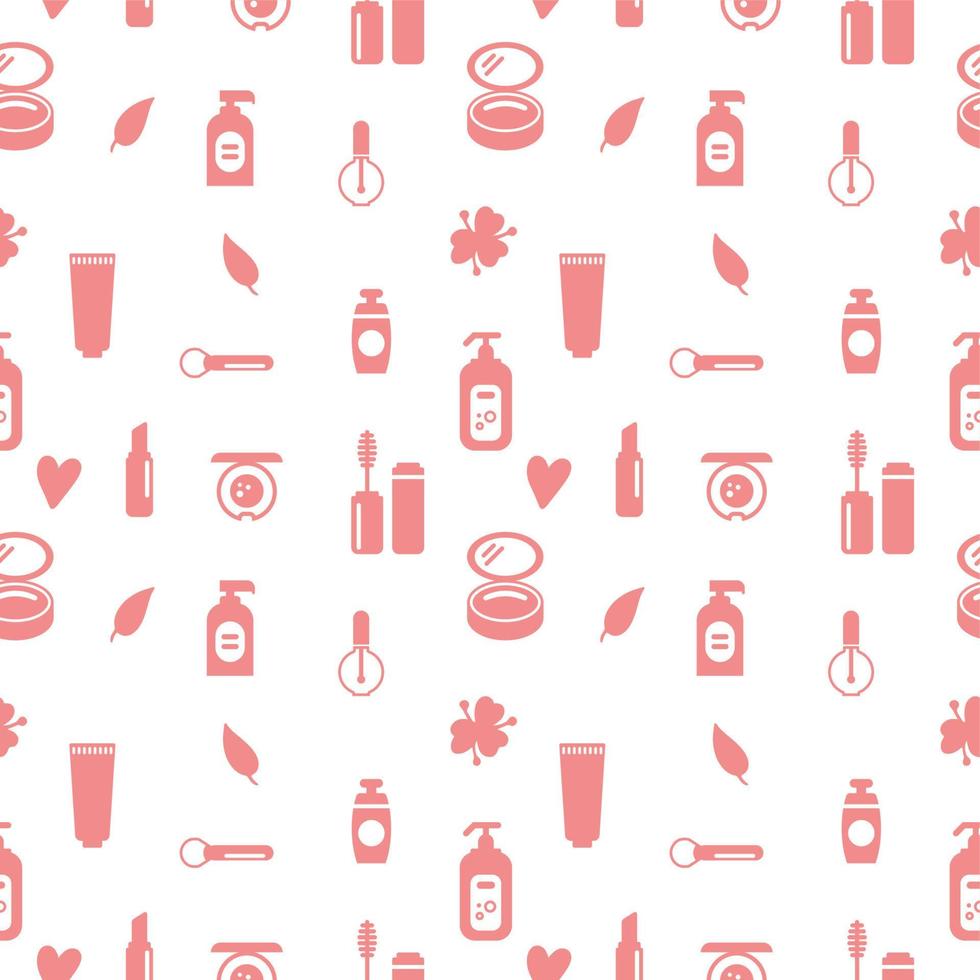 Seamless texture from cosmetics icons and floral elements, pattern, abstract background, wallpaper vector