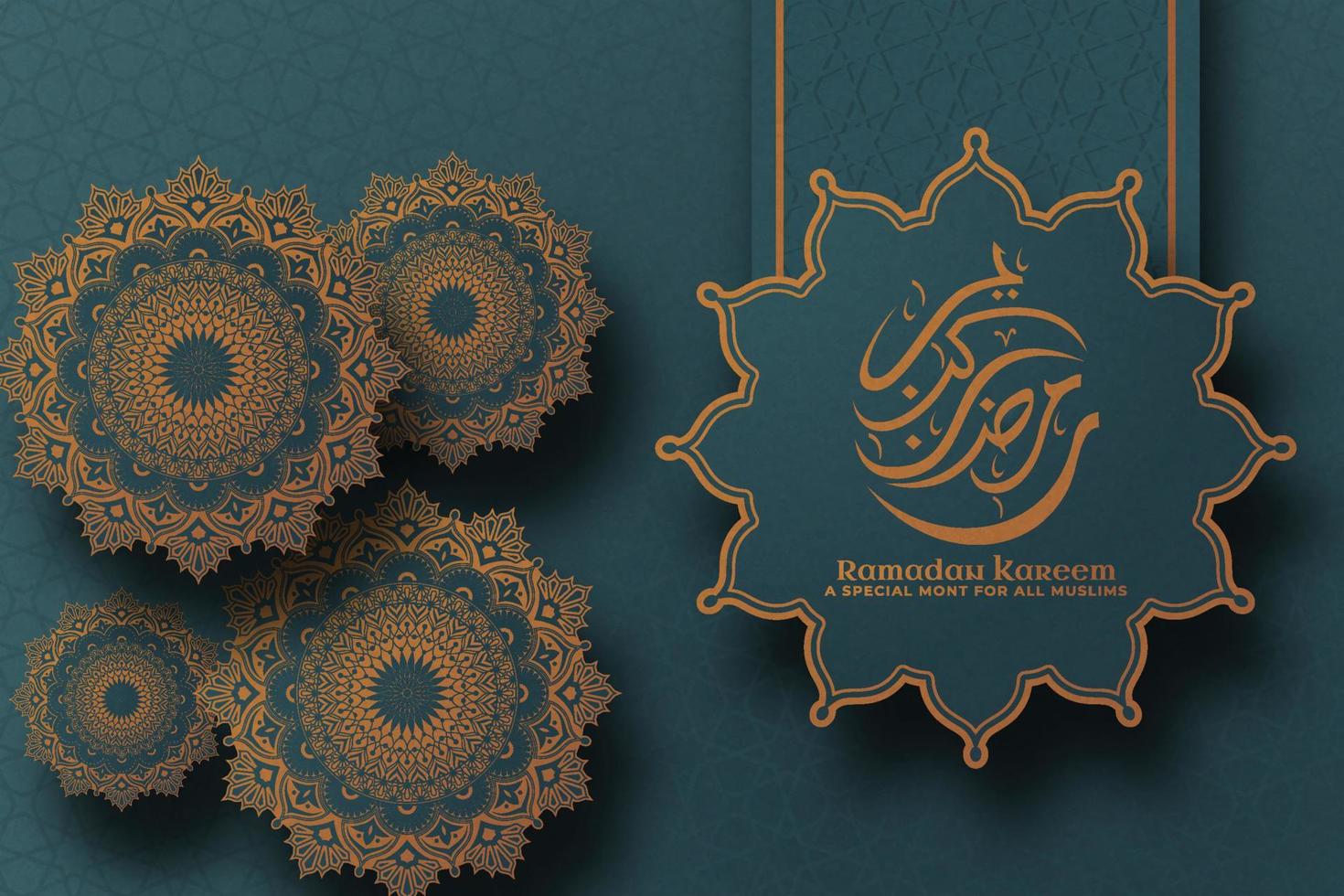 Islamic Ramadan Green Background with Frame and Mandala Gold Ornament Premium Vector