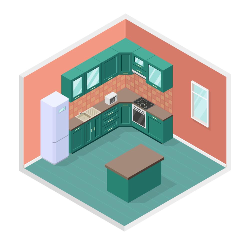 Vector isometric illustration, 3d concept kitchen interior, furniture, food preparation equipment, household appliances