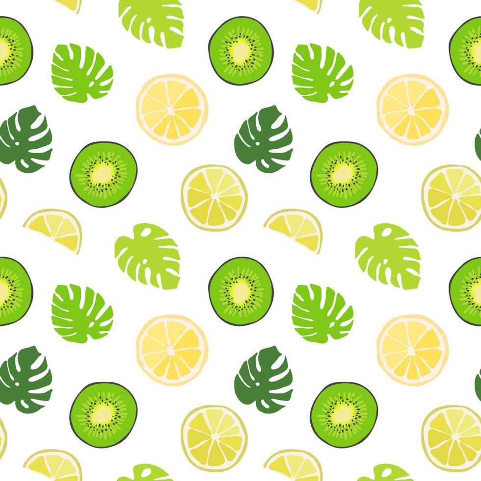 Seamless texture of green monstera leaves and tropical fruits. Foliage pattern, natural bstract background. Bright floral summer texture from citrus vector