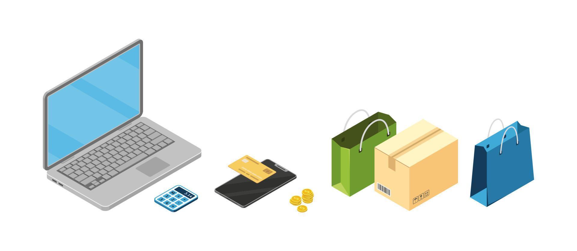 Vector isometric illustration, shopping in your smartphone and laptop. Shopping with credit card, online technology. Payment for parcels, goods