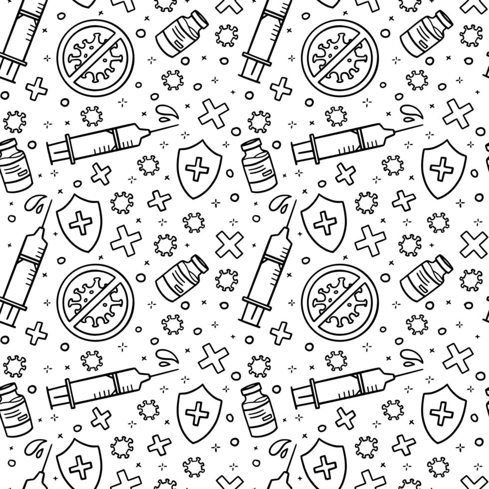 Virus or covid vaccine vector seamless pattern, syringe for injection in doodle style. Black linear print with medicines and a stop sign for coronavirus