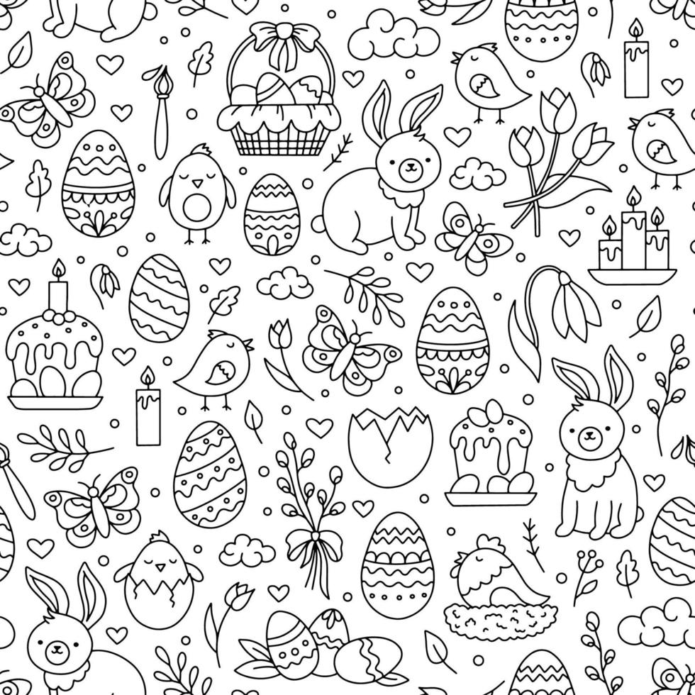 Easter seamless pattern with vector icons of eggs, chickens, flowers and bunnies. Cute black and white doodle holiday symbols for printing on paper or fabric.
