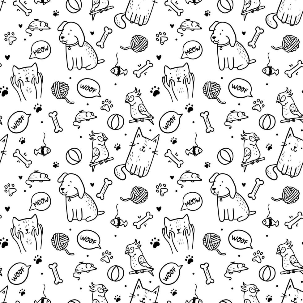 mascotas, gatos y perros sin fisuras en estilo garabato. lindos animales vectoriales lineales en blanco y negro con juguetes, amigos de cuatro patas y globos de habla vector