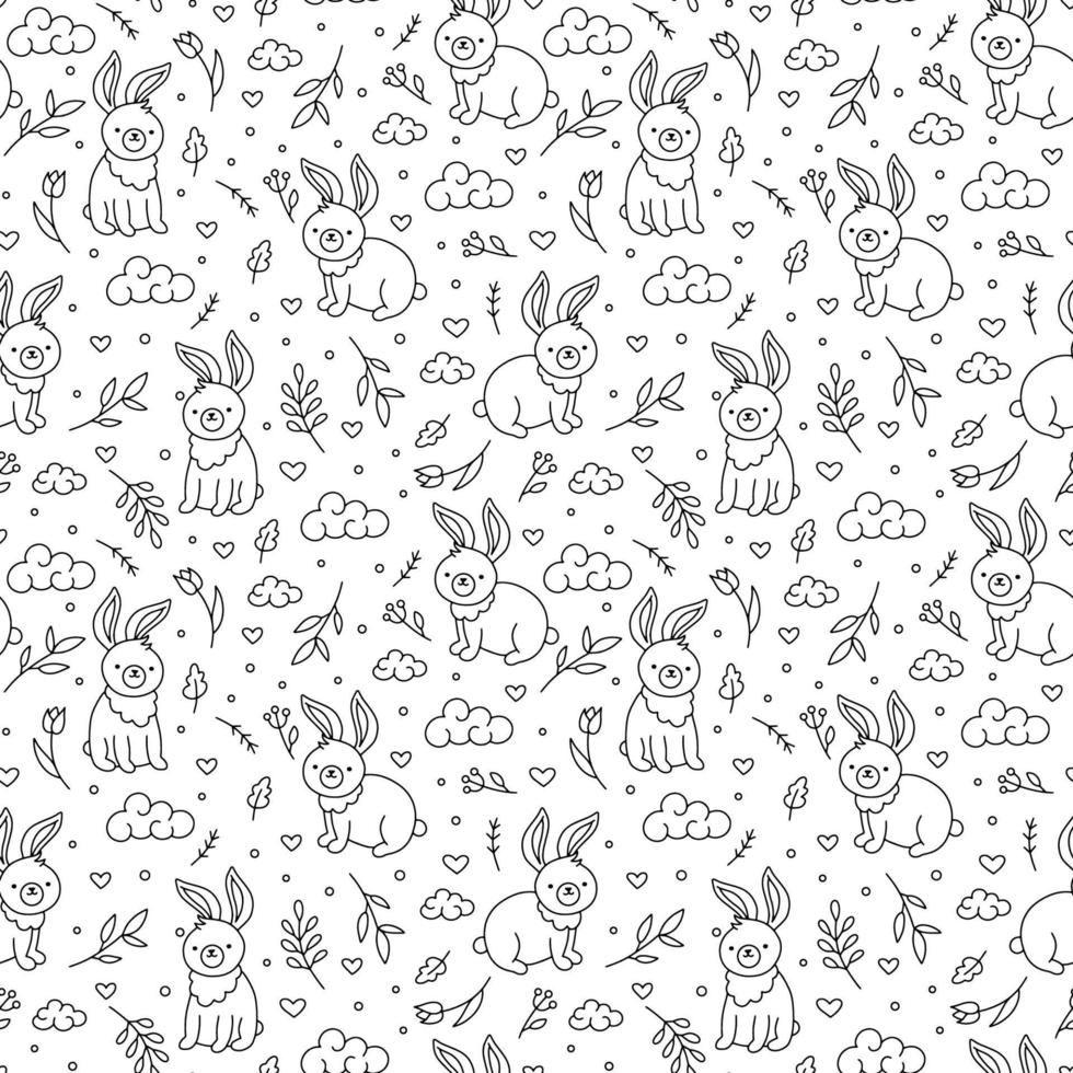 Easter vector linear seamless pattern with bunnies and hearts in Doodle style