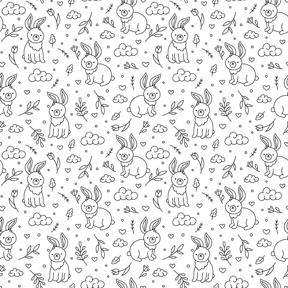 Easter vector linear seamless pattern with bunnies and hearts in Doodle style