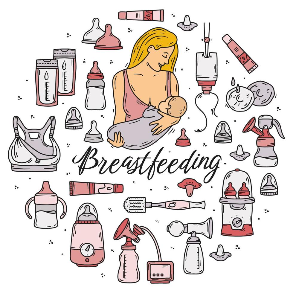 Devices for breastfeeding with milk or infant formula, vector pink icons set with a woman and a baby. Lactation bottles, sterilizer, bags and a bra during nursing. Cartoon style illustration