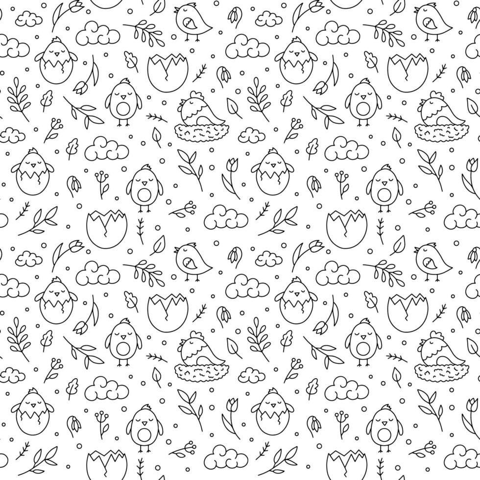 Easter vector seamless pattern with chickens and flowers in Doodle style