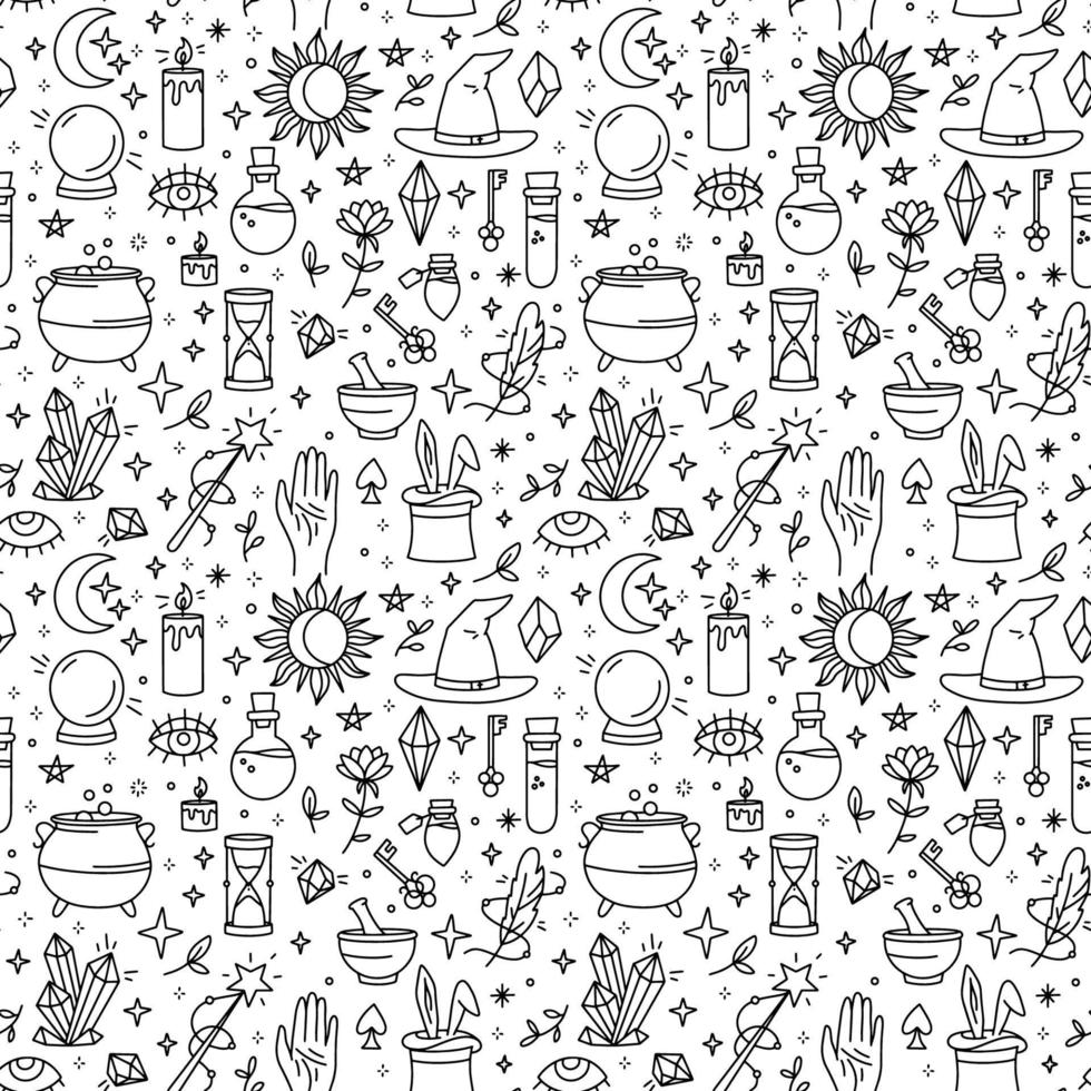 Magic seamless pattern with doodle style icons. Vector black linear witchcraft and mystical symbols. Esoteric items.