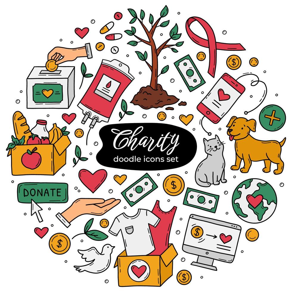 Charity and donations vector doodle icons set. Animal help, clothing, food and medicine, blood donation and awareness ribbon. Symbols of support in the hands. Money transfer from volunteers