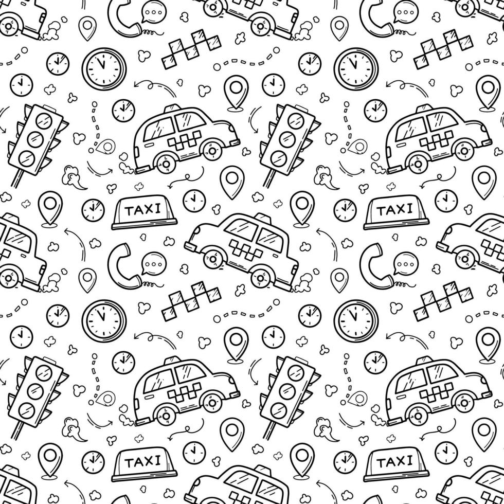 Taxi seamless pattern in the doodle hand drawn style. Black linear traffic light, cars, signs and cab vector