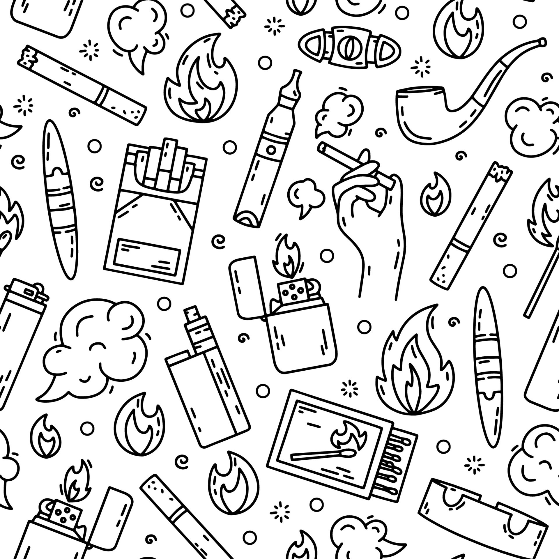 Cigarette smoking vector seamless pattern in doodle style, hand drawing
