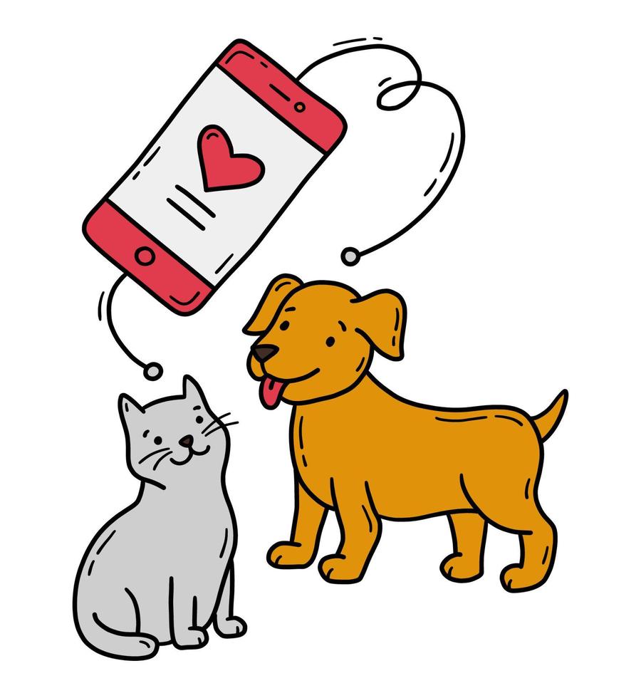 Online charity to help animals, dogs and cats. Money transfer, donation and fundraising from the phone. Vector illustration in doodle style with pets.