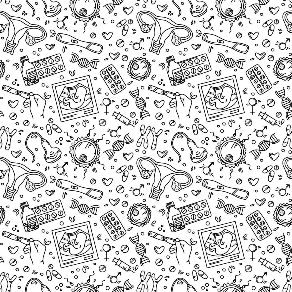 Pregnancy seamless pattern in Doodle style, prenatal care for woman. Vector linear hand drawing symbols of gestation