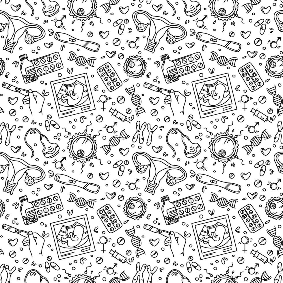 Pregnancy seamless pattern in Doodle style, prenatal care for woman. Vector linear hand drawing symbols of gestation