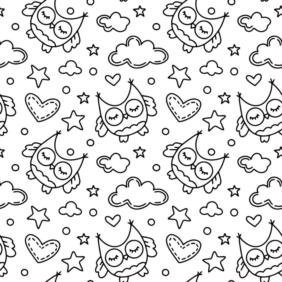 Childrens seamless pattern with owls. Cartoon doodle vector background with with birds and clouds