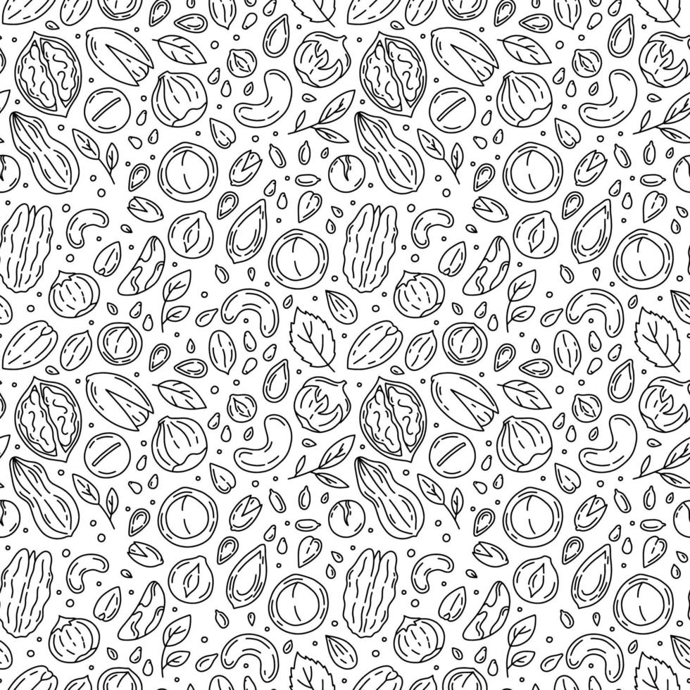 Nuts and Seeds vector seamless pattern with icons in the Doodle style. Black linear walnuts, macadamia, hazelnuts and peanuts