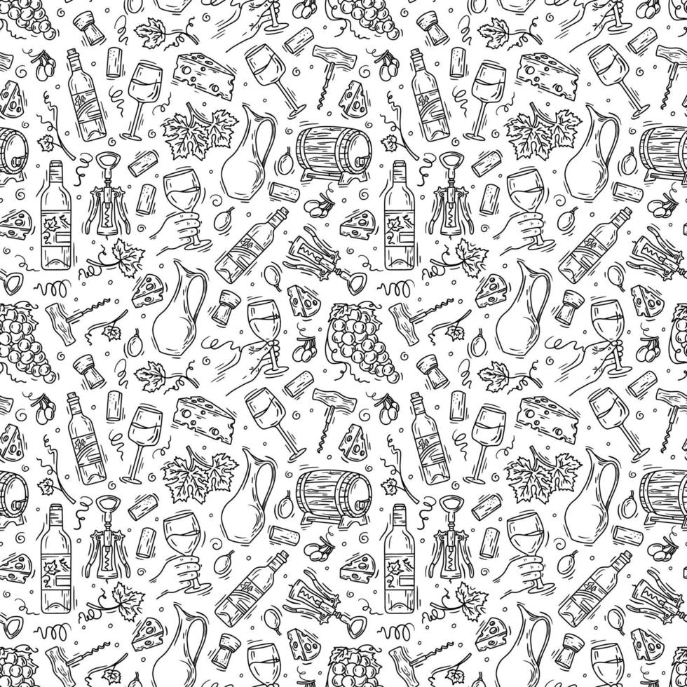 Wine and cheese vector black seamless pattern in Doodle sketch style. Linear grapes and bottles for printing