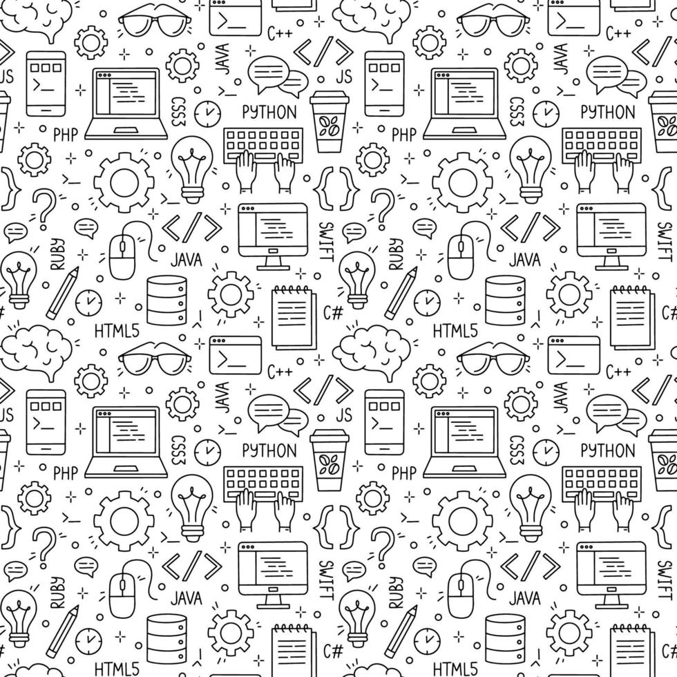 Programming and developers vector seamless pattern. Internet and coding black linear print with computer languages