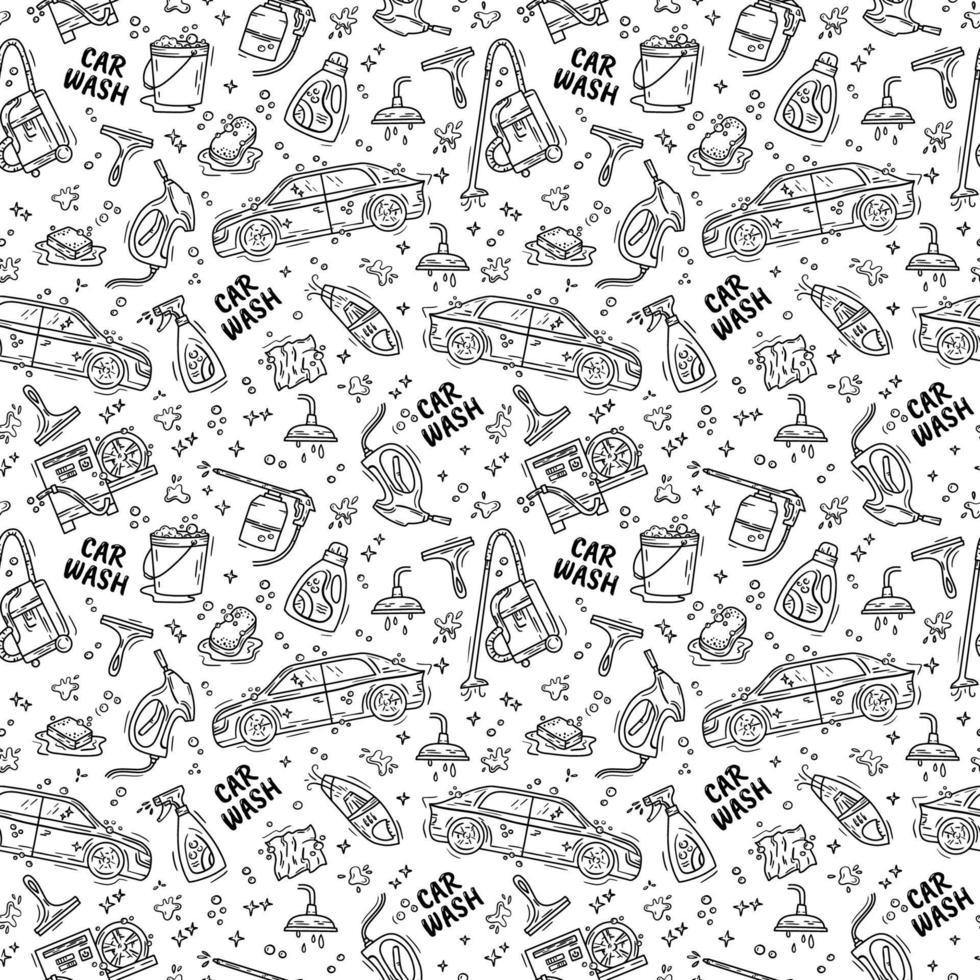 Car wash and detaling seamless pattern with icons in the Doodle style, hand drawing. Auto with high-pressure washer and vacuum cleaner. vector