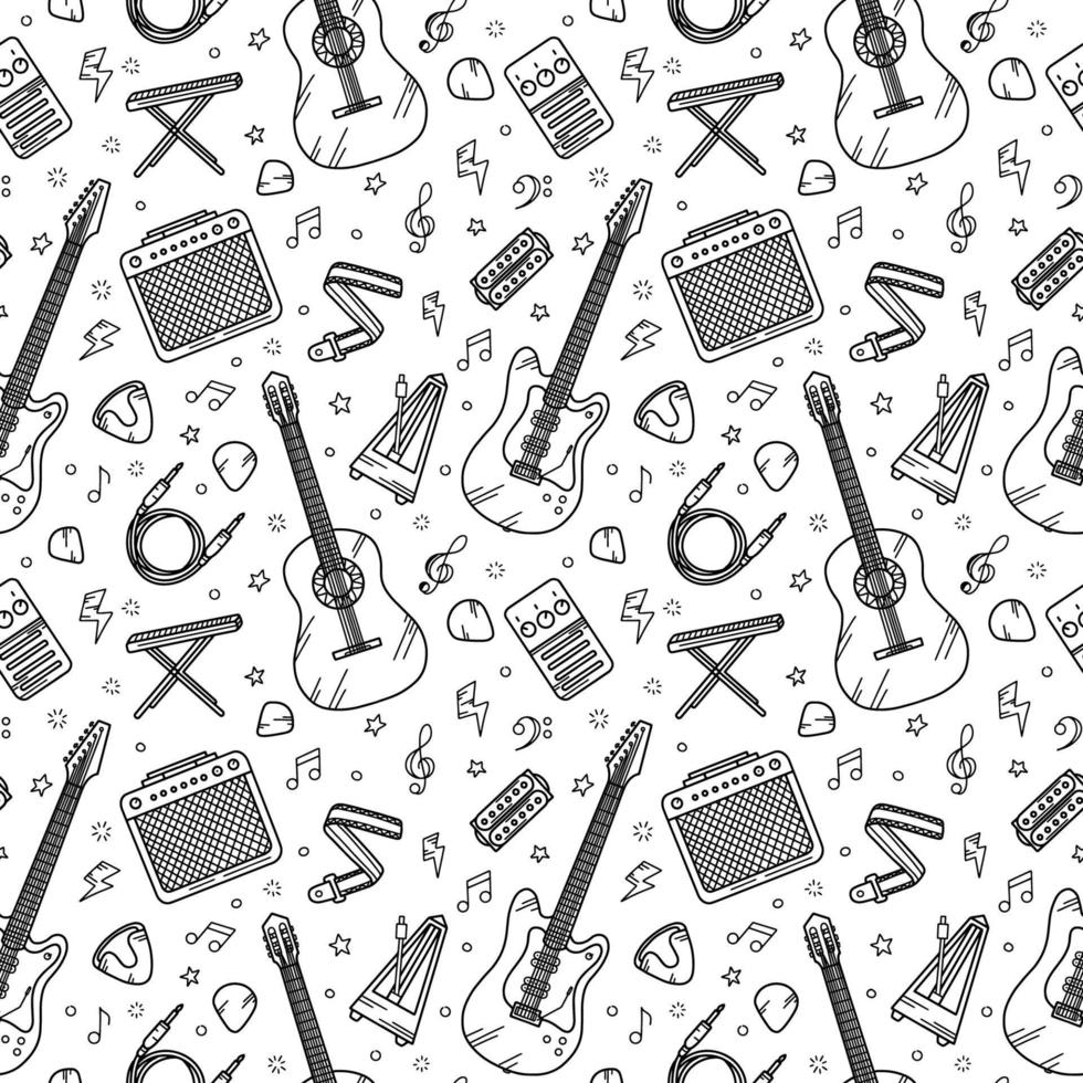 Guitar music seamless pattern in Doodle style. Hand drawn black linear vector classical and electro instruments