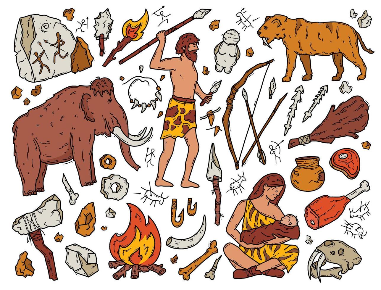 hombres de las cavernas y neandertales en la edad de piedra, juego de garabatos vectoriales. los antiguos pueblos primitivos cazan mamuts y tigres. herramientas y pinturas rupestres. iconos de dibujos animados marrones de paleontología y antropología. vector